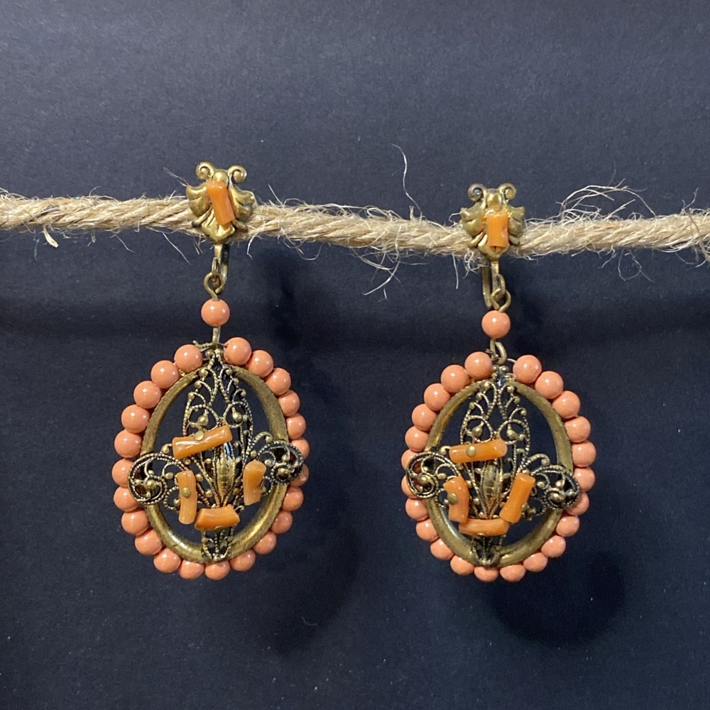 Vtg Faux Coral Beads Brass Filigree Screw Back Dangle Victorian Revival Earrings